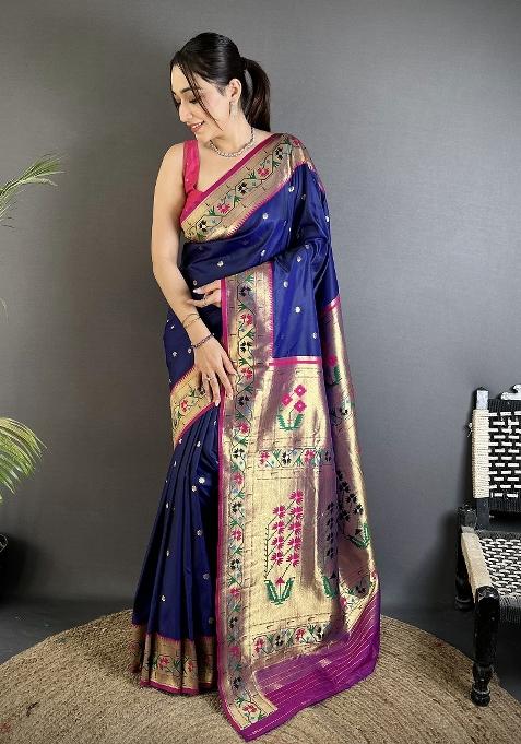 Royal Blue Floral Print Silk Blend Saree Set