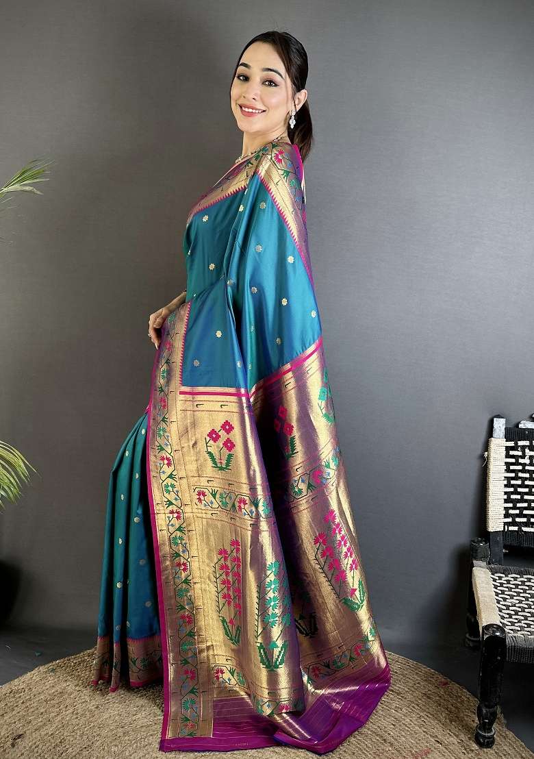 Teal Blue Floral Print Silk Blend Saree Set for Diwali and Festive Wear - Indya