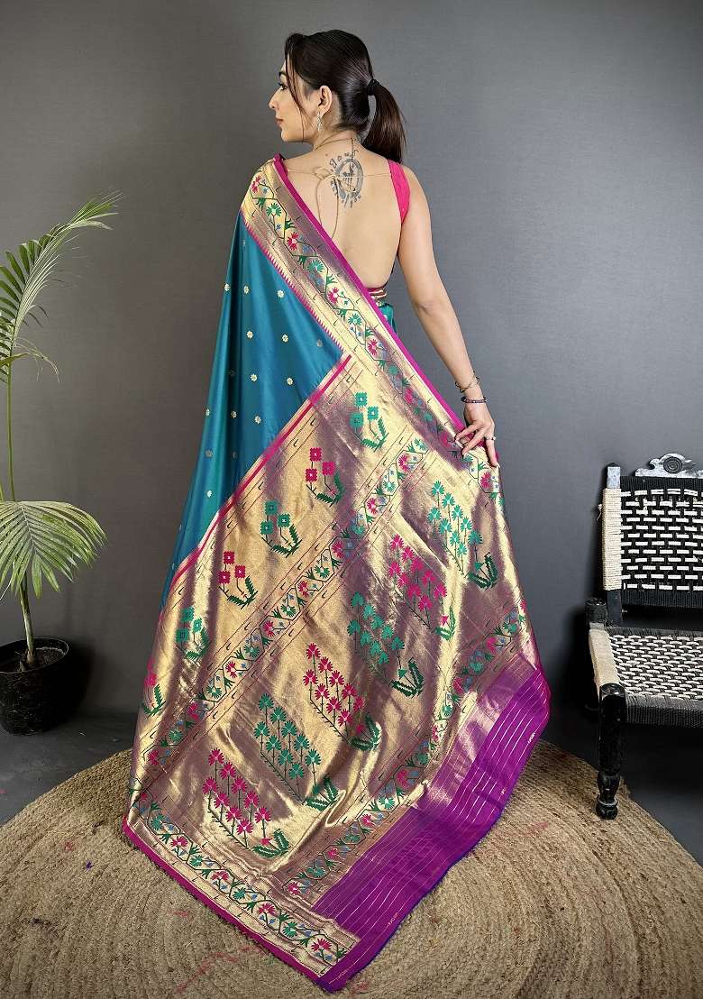 Teal Blue Floral Print Silk Blend Saree Set for Diwali and Festive Wear - Indya
