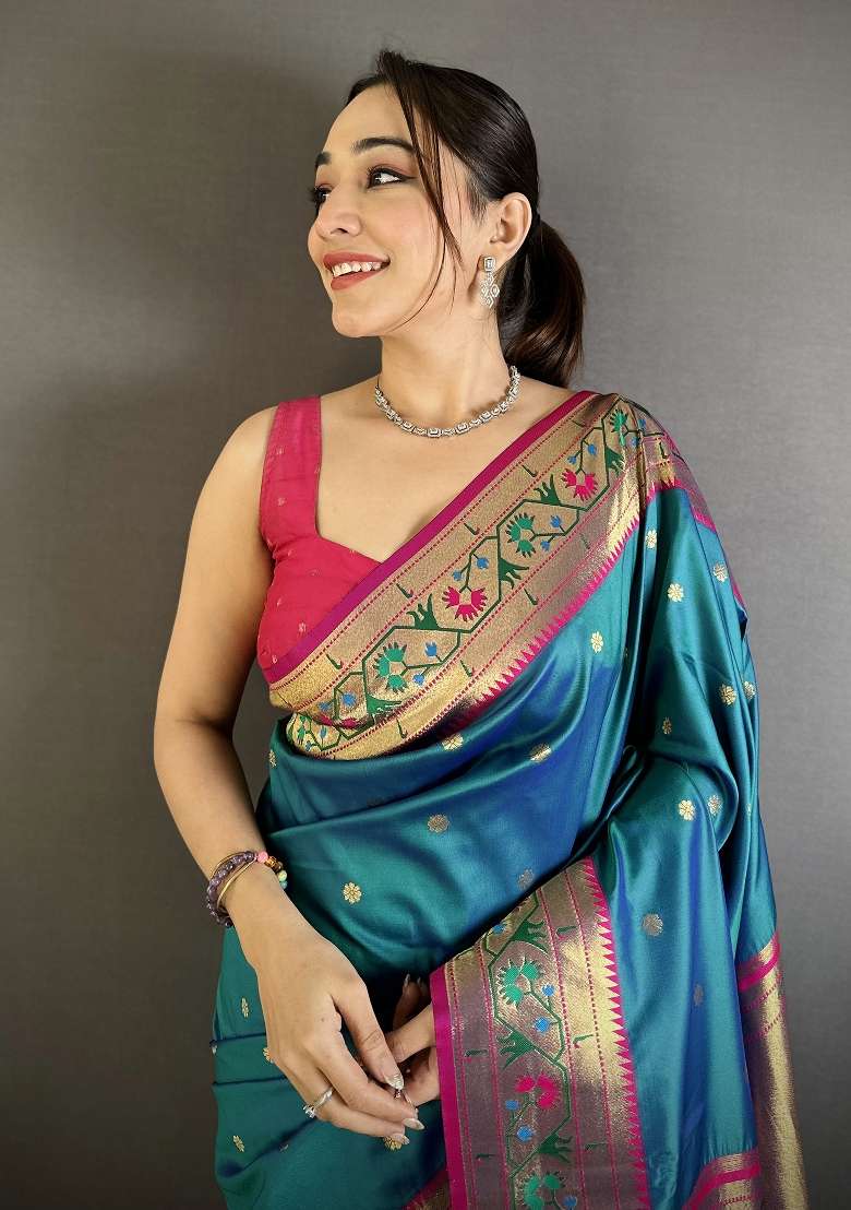 Teal Blue Floral Print Silk Blend Saree Set for Diwali and Festive Wear - Indya