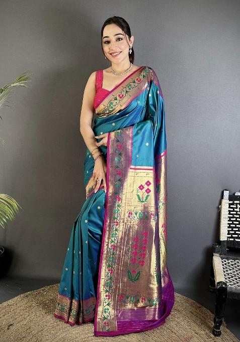 Teal Blue Floral Print Silk Saree Set