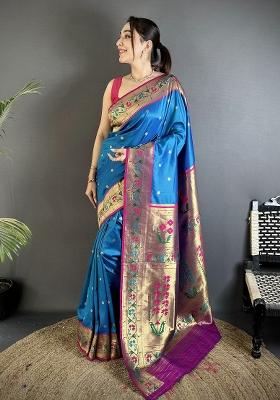 Blue Floral Print Silk Blend Saree Set