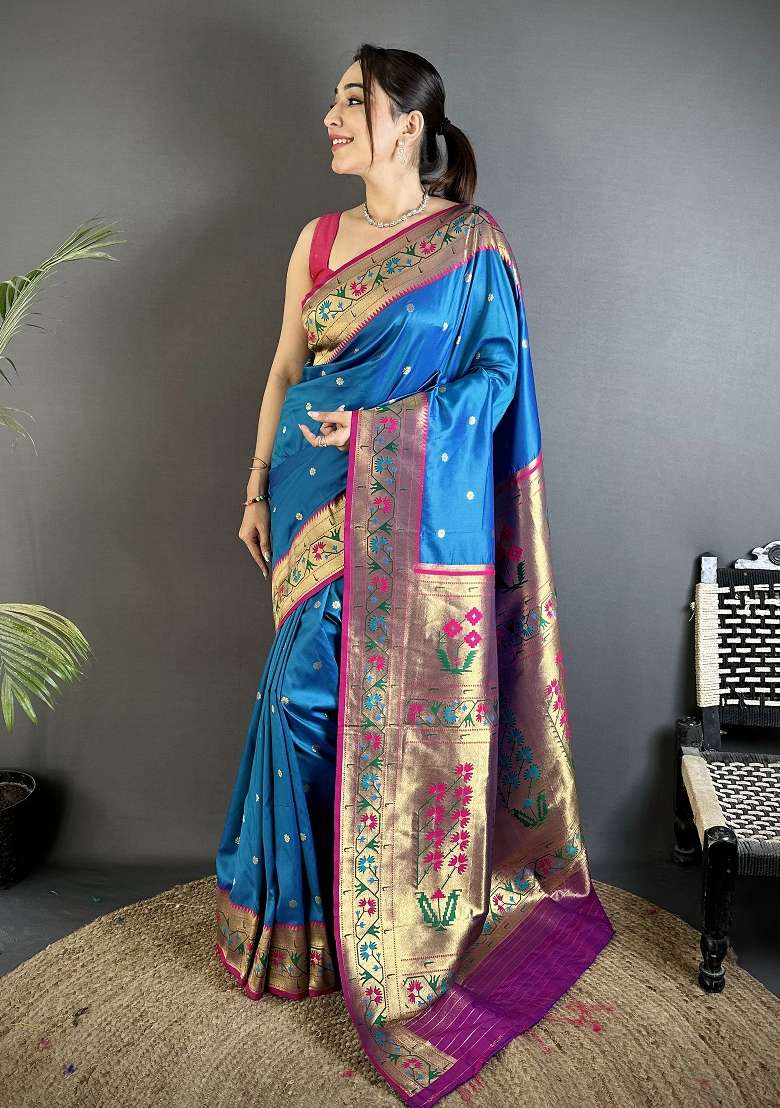 Blue Floral Print Silk Blend Saree Set for Diwali and Festive Wear - Indya