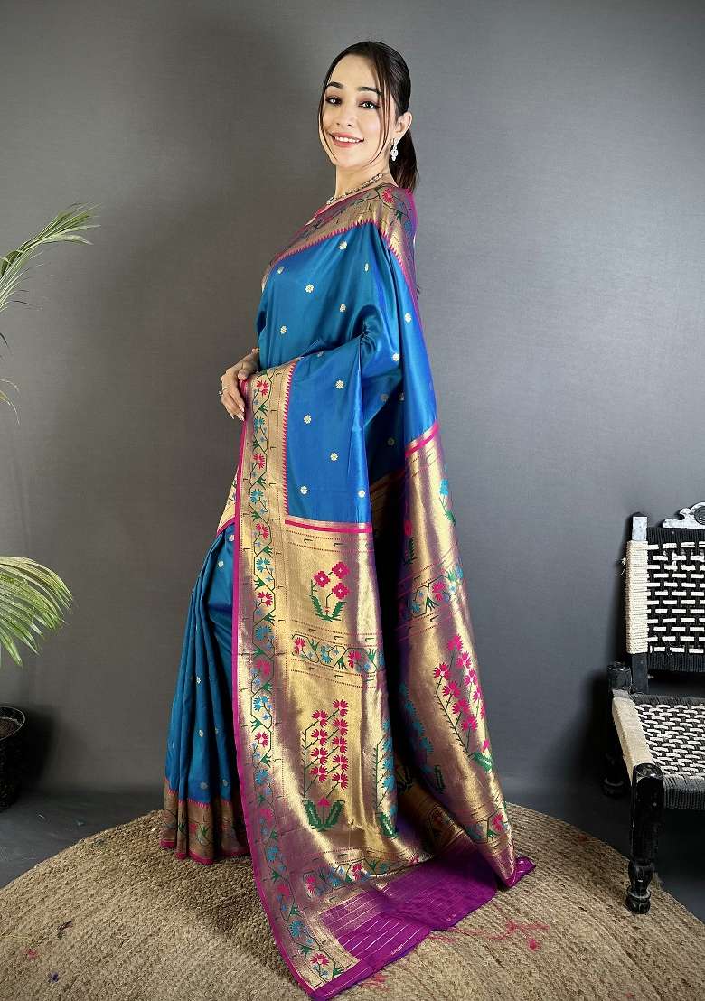Blue Floral Print Silk Blend Saree Set for Diwali and Festive Wear - Indya
