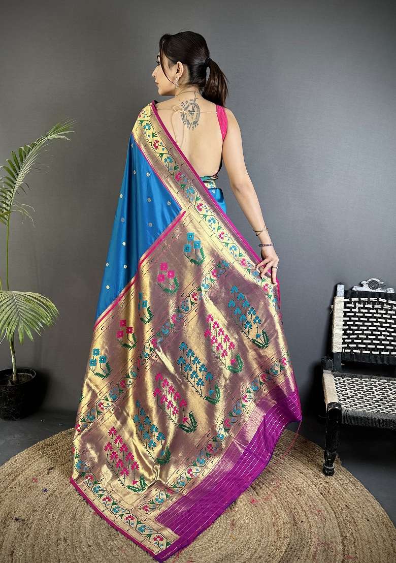 Blue Floral Print Silk Blend Saree Set for Diwali and Festive Wear - Indya