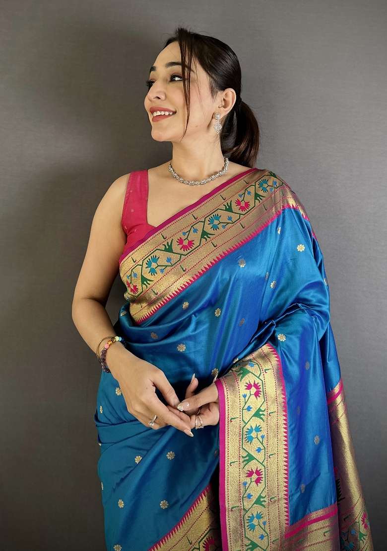 Blue Floral Print Silk Blend Saree Set for Diwali and Festive Wear - Indya