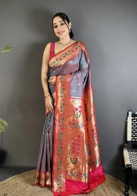 Grey Floral Print Silk Blend Saree Set