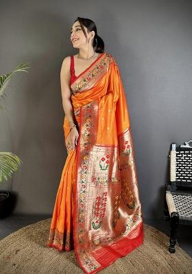 Orange Floral Print Silk Blend Saree Set