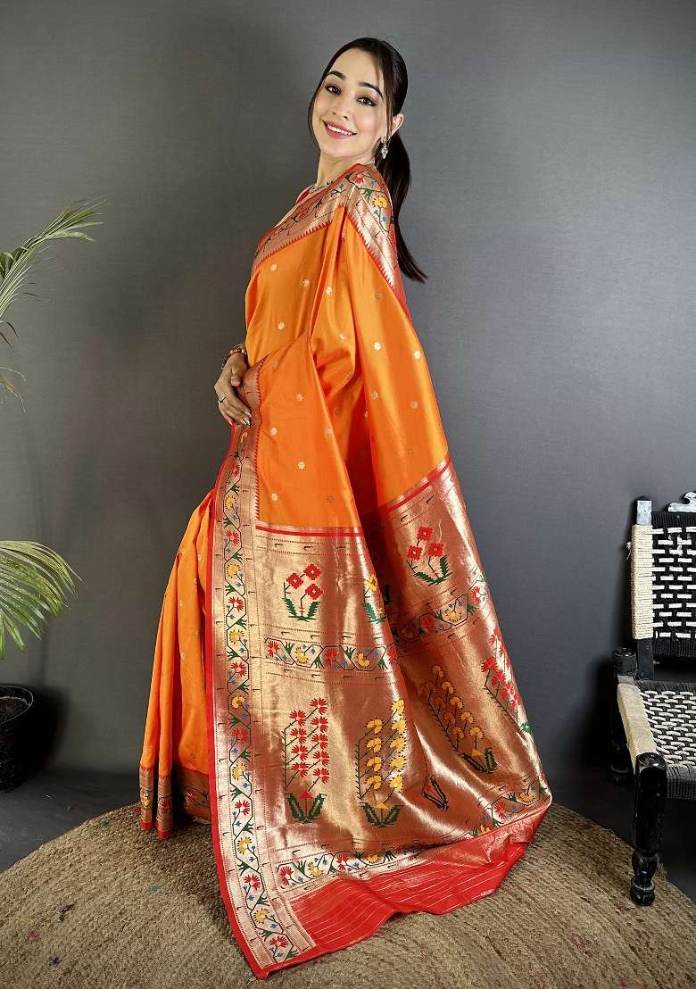 Orange Floral Print Silk Blend Saree Set for Diwali and Festive Wear - Indya