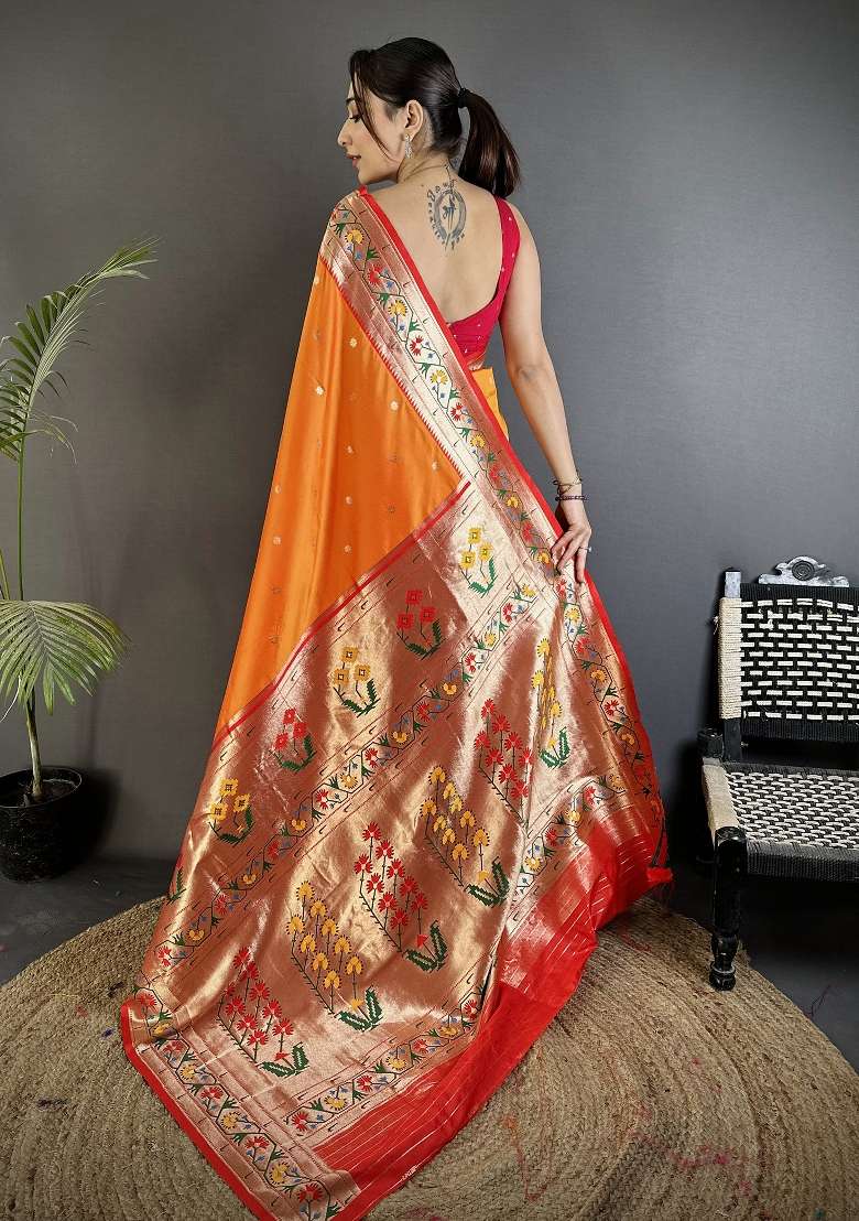 Orange Floral Print Silk Blend Saree Set for Diwali and Festive Wear - Indya