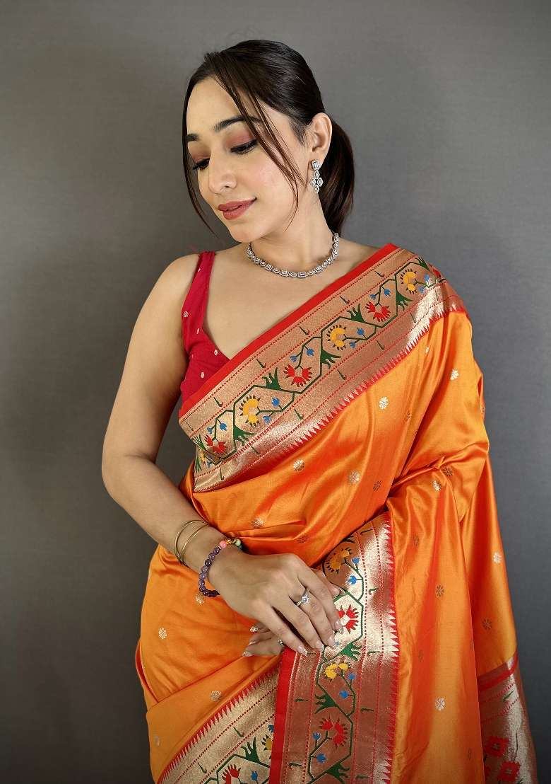Orange Floral Print Silk Blend Saree Set for Diwali and Festive Wear - Indya