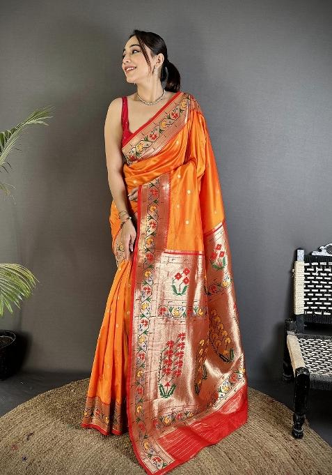 Orange Floral Print Silk Saree Set — view on Indya