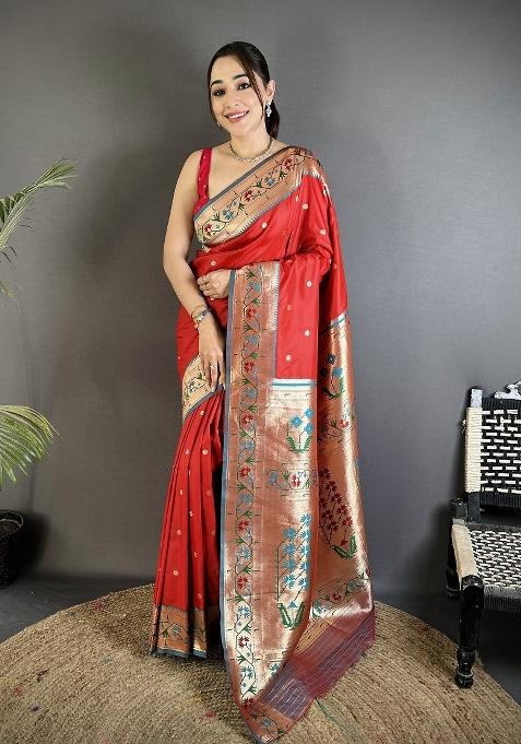 Red Floral Print Silk Blend Saree Set