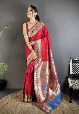 Ruby Red Floral Print Silk Blend Saree Set