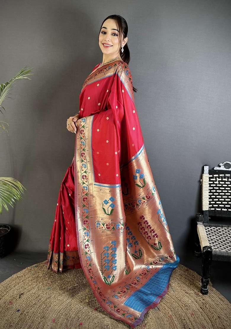 Ruby Red Silk Blend Saree Set with Floral Print for Diwali | Wedding & Festive Wear - Indya