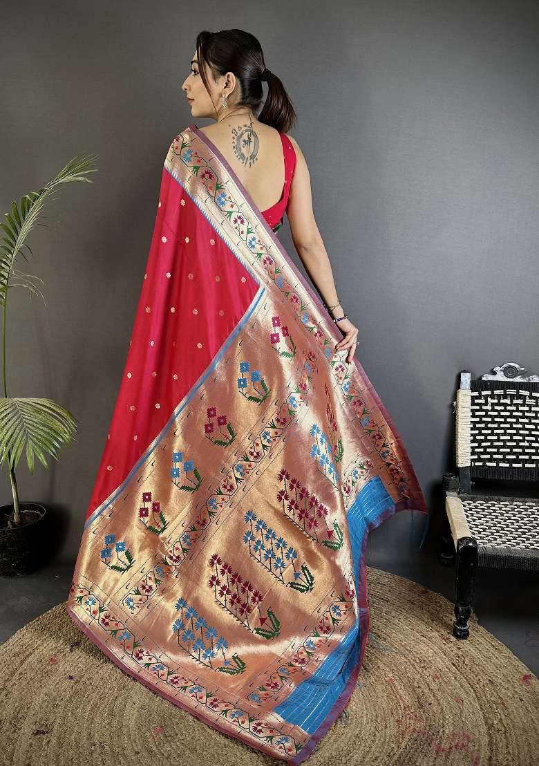 Ruby Red Silk Blend Saree Set with Floral Print for Diwali | Wedding & Festive Wear - Indya