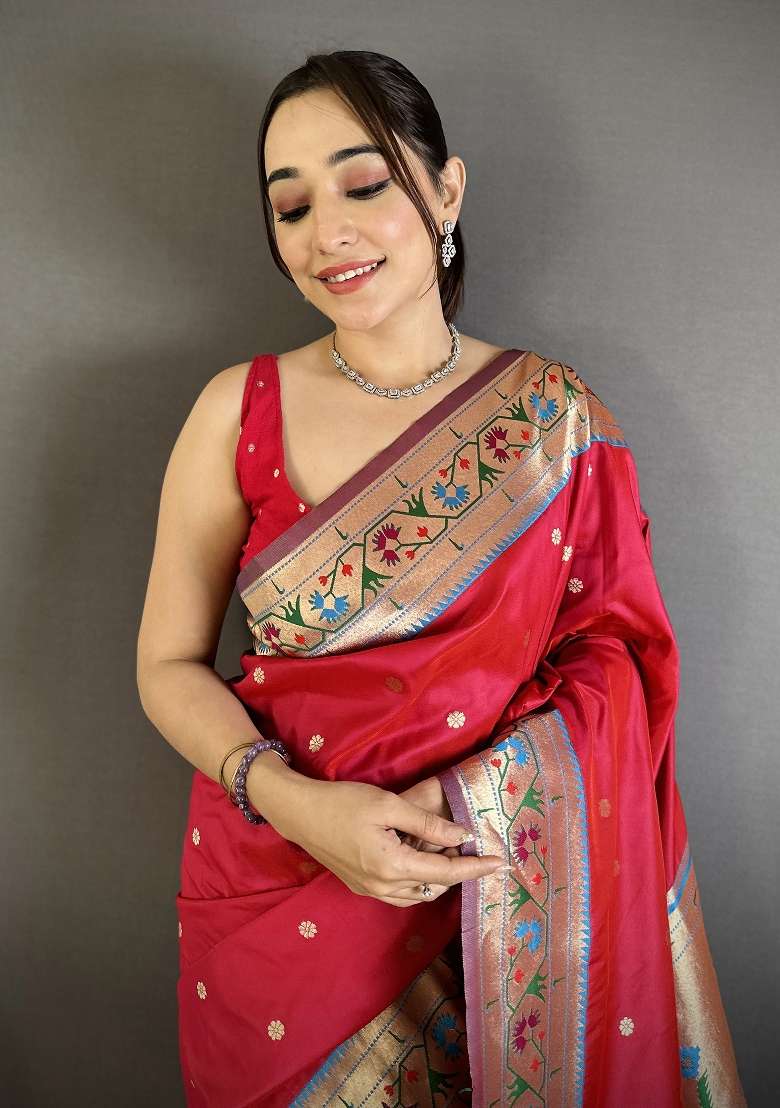 Ruby Red Silk Blend Saree Set with Floral Print for Diwali | Wedding & Festive Wear - Indya