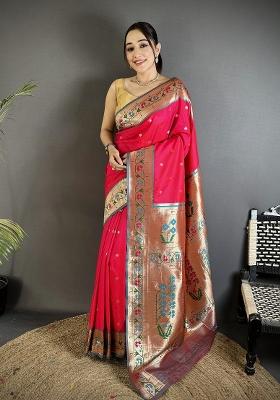 Crimson Floral Print Silk Blend Saree Set