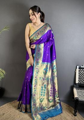 Purple Floral Print Silk Blend Saree Set