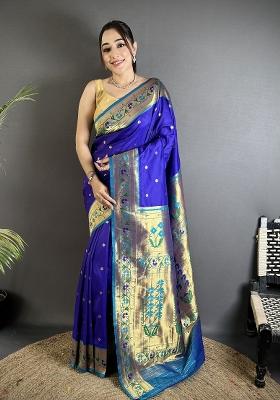 Blue Floral Print Silk Blend Saree Set