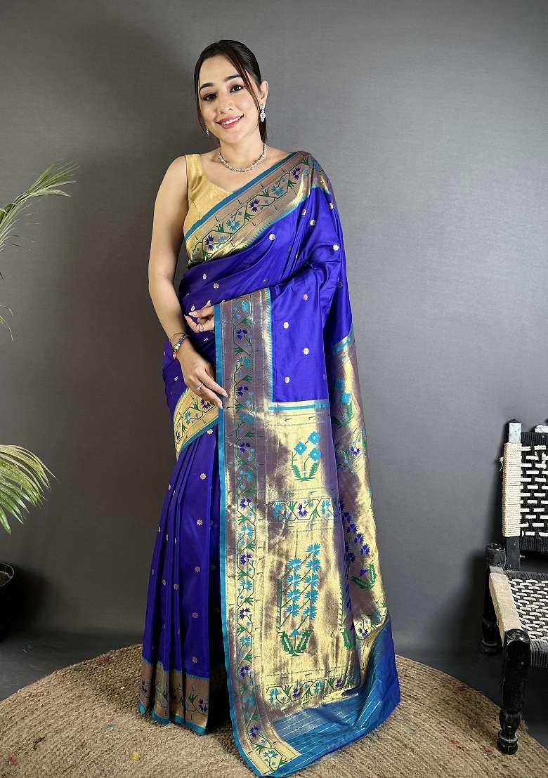 Blue Silk Blend Saree Set with Floral Print for Diwali | Wedding & Festive Wear - Indya