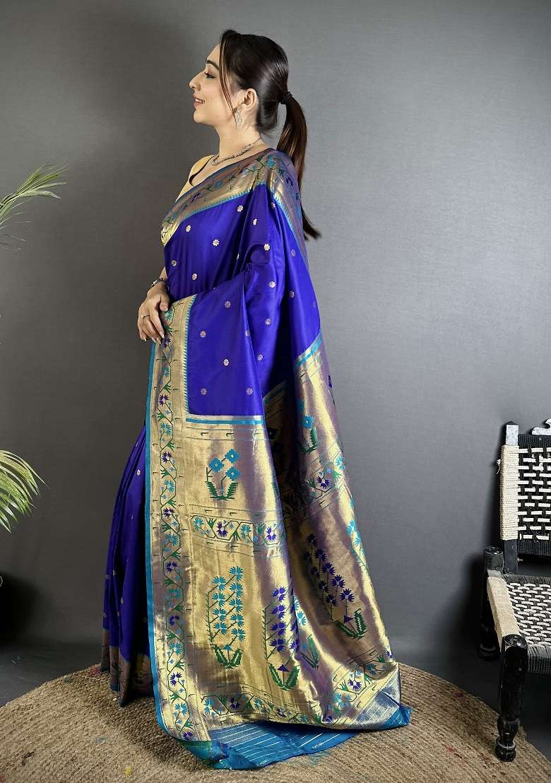 Blue Silk Blend Saree Set with Floral Print for Diwali | Wedding & Festive Wear - Indya