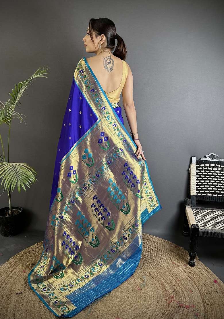 Blue Silk Blend Saree Set with Floral Print for Diwali | Wedding & Festive Wear - Indya