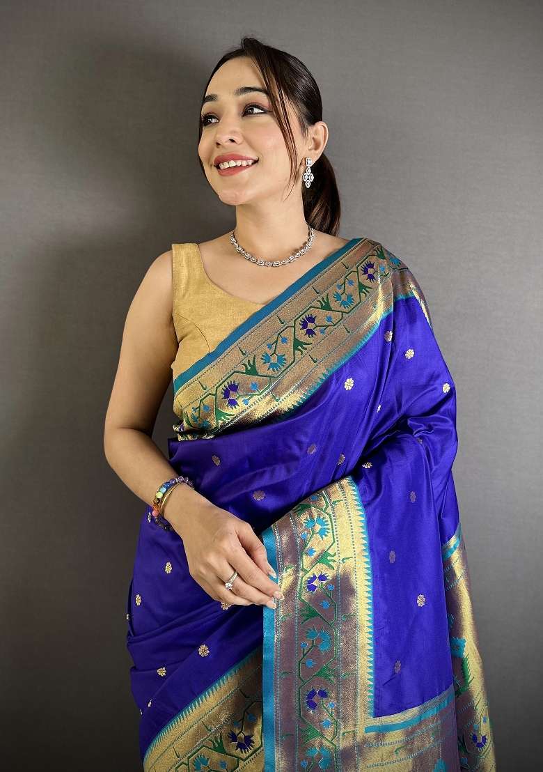 Blue Silk Blend Saree Set with Floral Print for Diwali | Wedding & Festive Wear - Indya