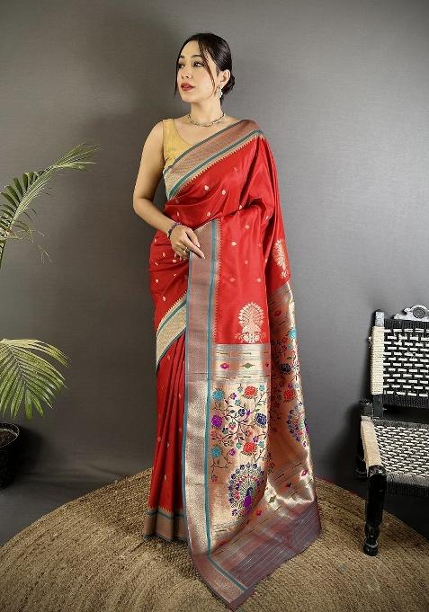 Red Floral Print Silk Blend Saree Set