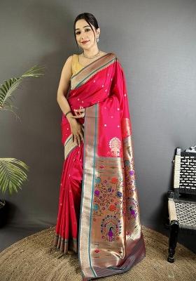 Rani Pink Floral Print Silk Blend Saree Set