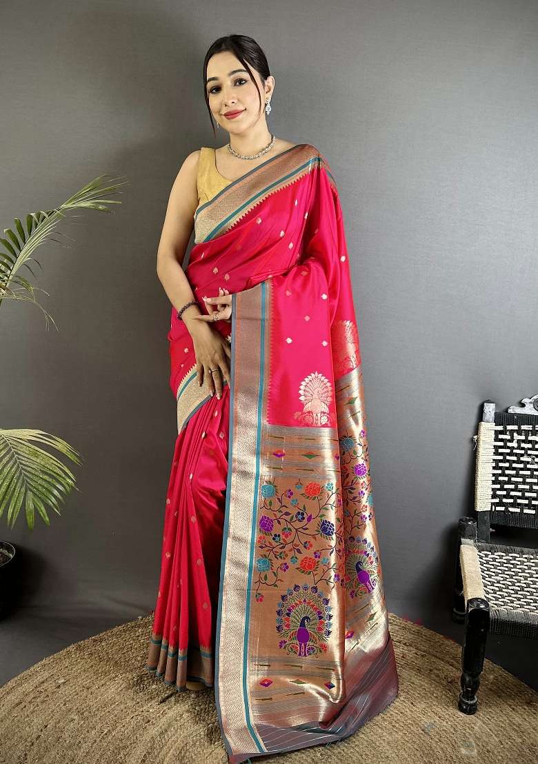 Rani Pink Floral Print Silk Blend Saree Set for Diwali and Festive Wear - Indya