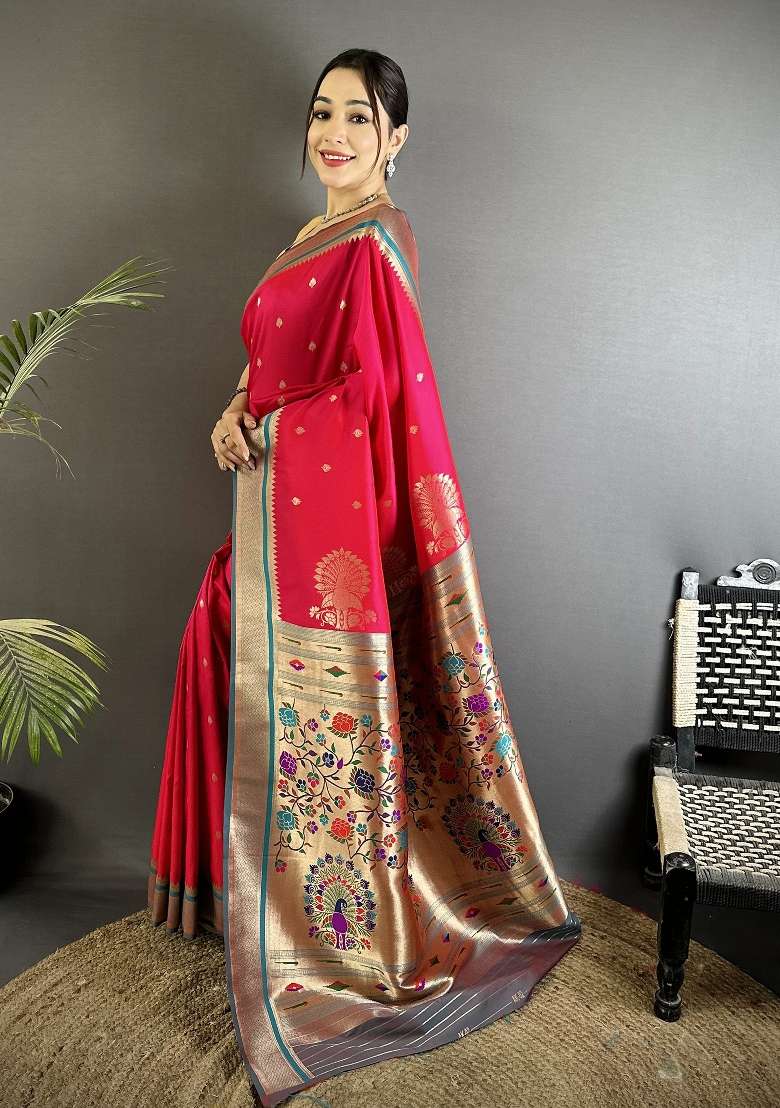 Rani Pink Floral Print Silk Blend Saree Set for Diwali and Festive Wear - Indya