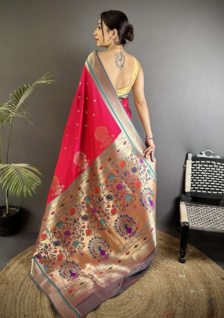 Rani Pink Floral Print Silk Blend Saree Set for Diwali and Festive Wear - Indya