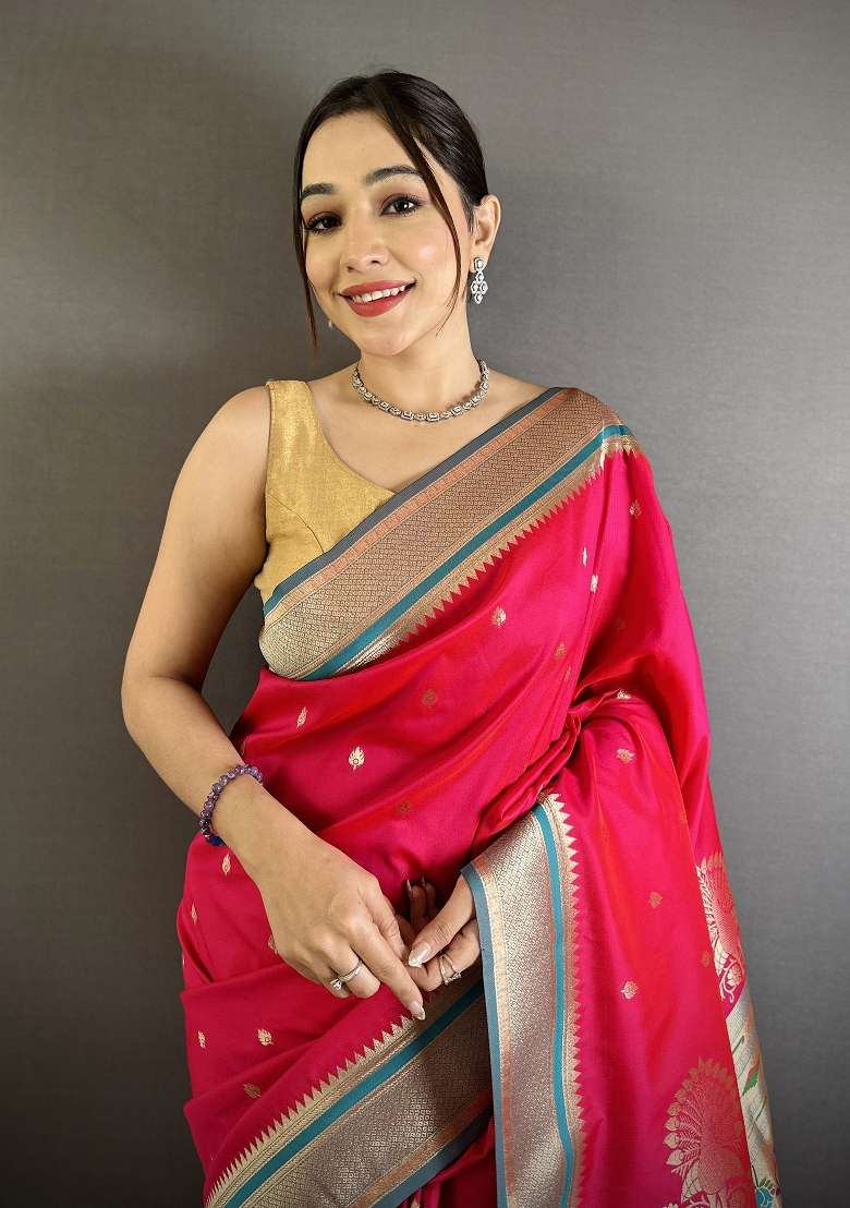 Rani Pink Floral Print Silk Blend Saree Set for Diwali and Festive Wear - Indya