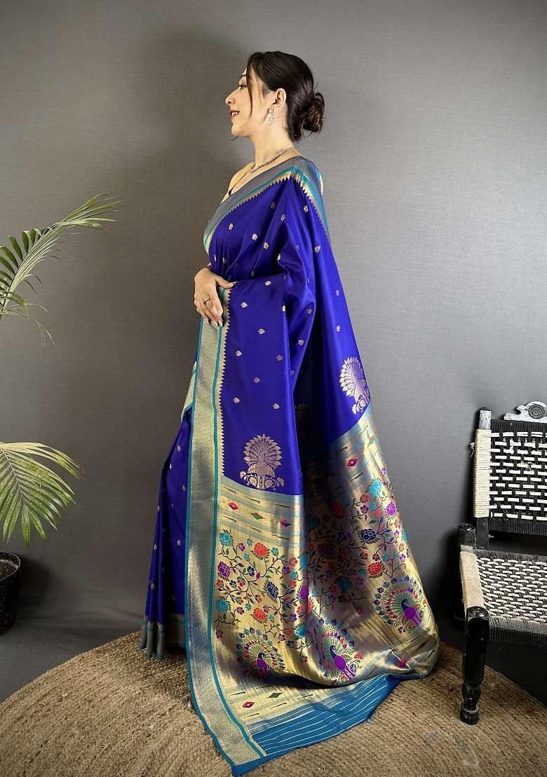 Royal Blue Floral Print Silk Blend Saree Set for Diwali and Festive Wear - Indya
