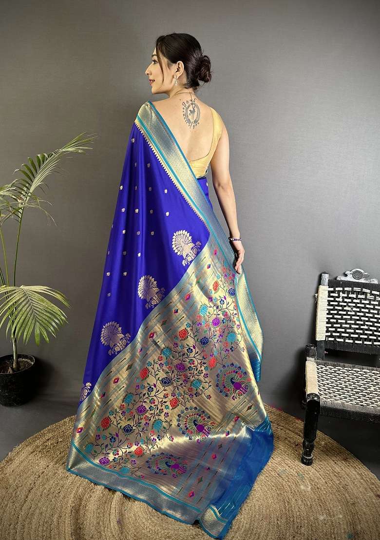 Royal Blue Floral Print Silk Blend Saree Set for Diwali and Festive Wear - Indya