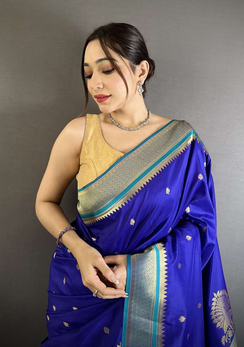 Royal Blue Floral Print Silk Blend Saree Set for Diwali and Festive Wear - Indya