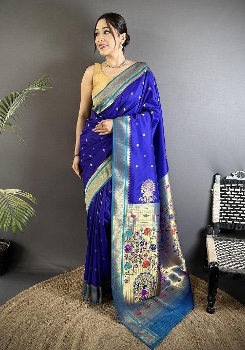 Royal Blue Floral Print Silk Blend Saree Set