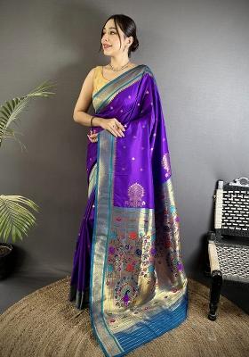 Purple Floral Print Silk Blend Saree Set