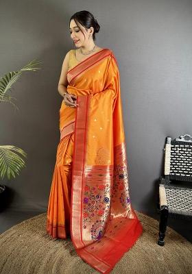 Orange Floral Print Silk Blend Saree Set