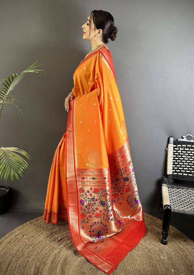 Orange Floral Print Silk Blend Saree Set for Diwali and Festive Wear - Indya