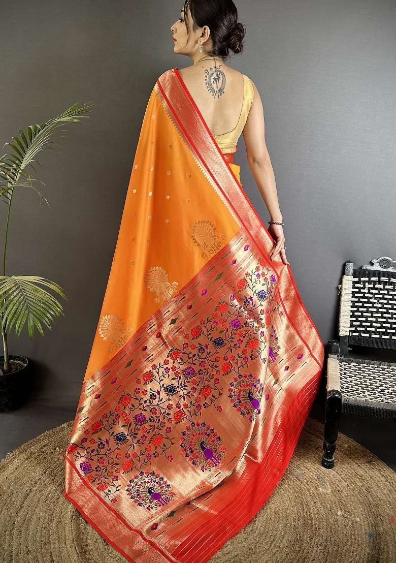 Orange Floral Print Silk Blend Saree Set for Diwali and Festive Wear - Indya