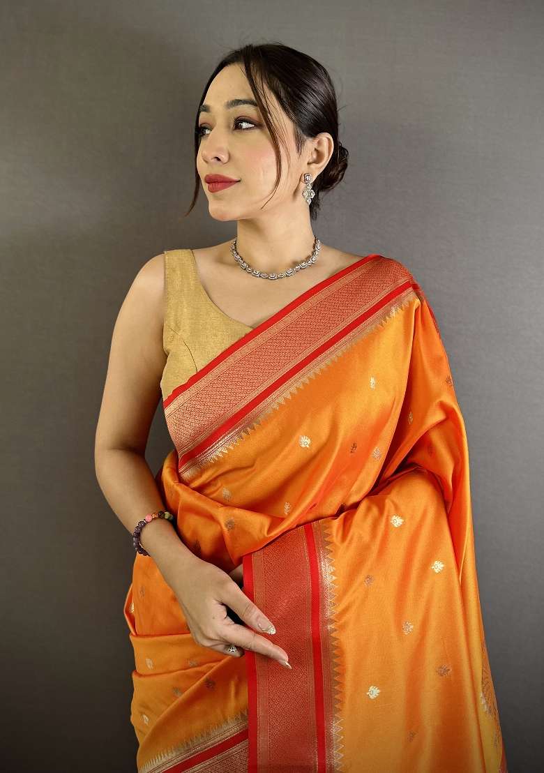 Orange Floral Print Silk Blend Saree Set for Diwali and Festive Wear - Indya
