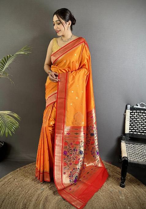Orange Floral Print Silk Saree Set — view on Indya