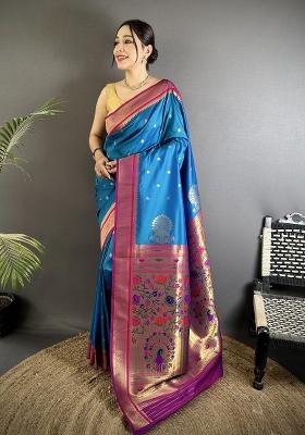 Teal Blue Floral Print Silk Blend Saree Set