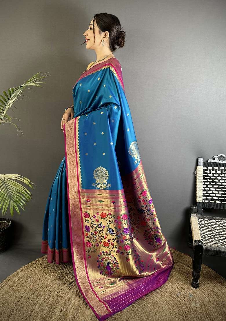 Teal Blue Silk Blend Saree Set with Floral Print for Diwali | Wedding & Festive Wear - Indya