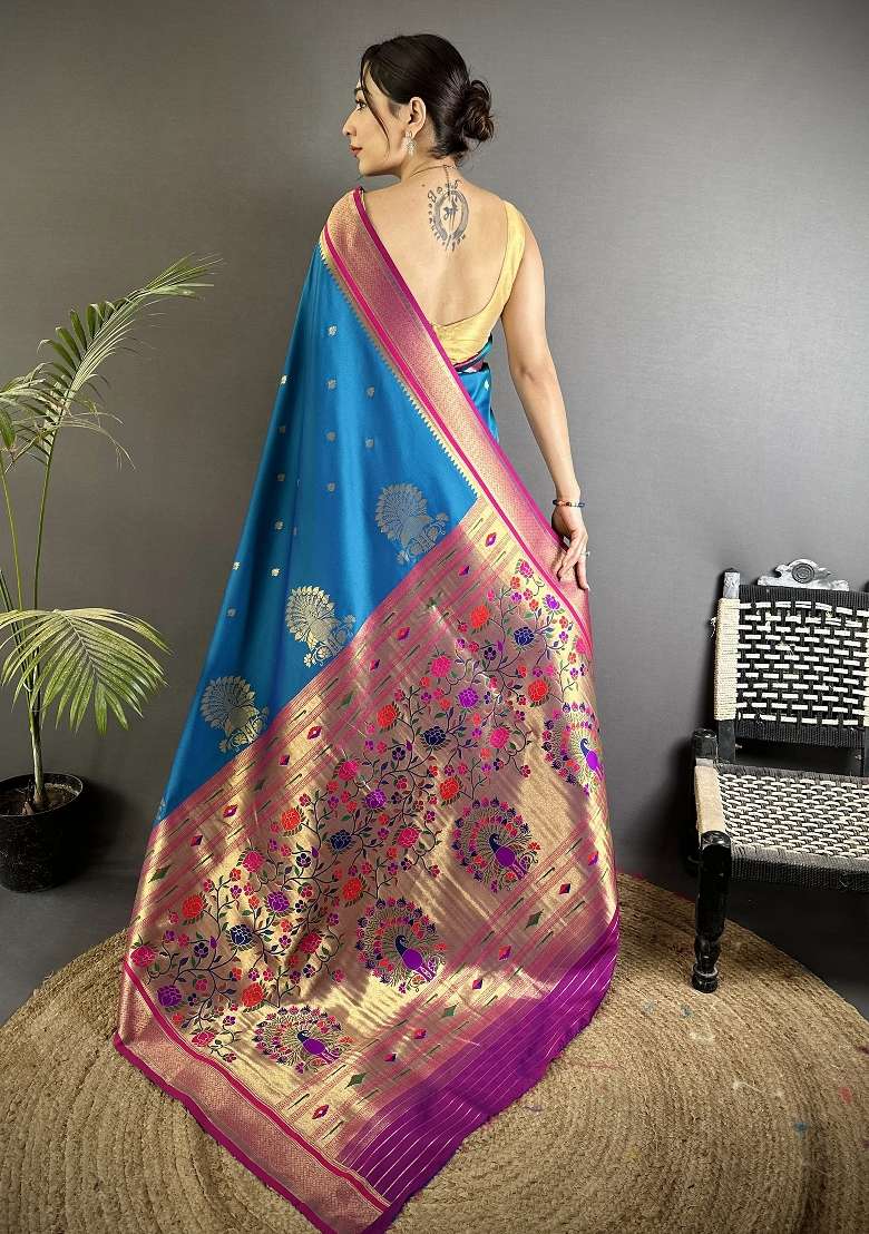 Teal Blue Silk Blend Saree Set with Floral Print for Diwali | Wedding & Festive Wear - Indya