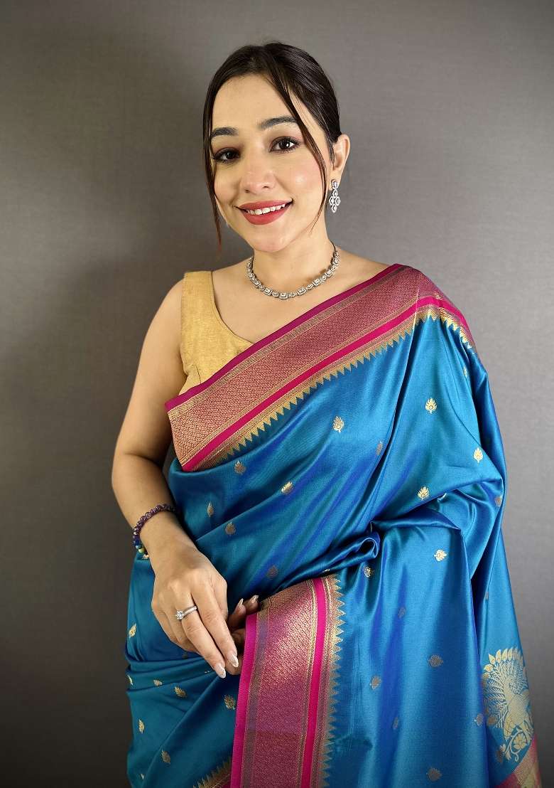 Teal Blue Silk Blend Saree Set with Floral Print for Diwali | Wedding & Festive Wear - Indya
