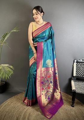 Teal Floral Print Silk Blend Saree Set