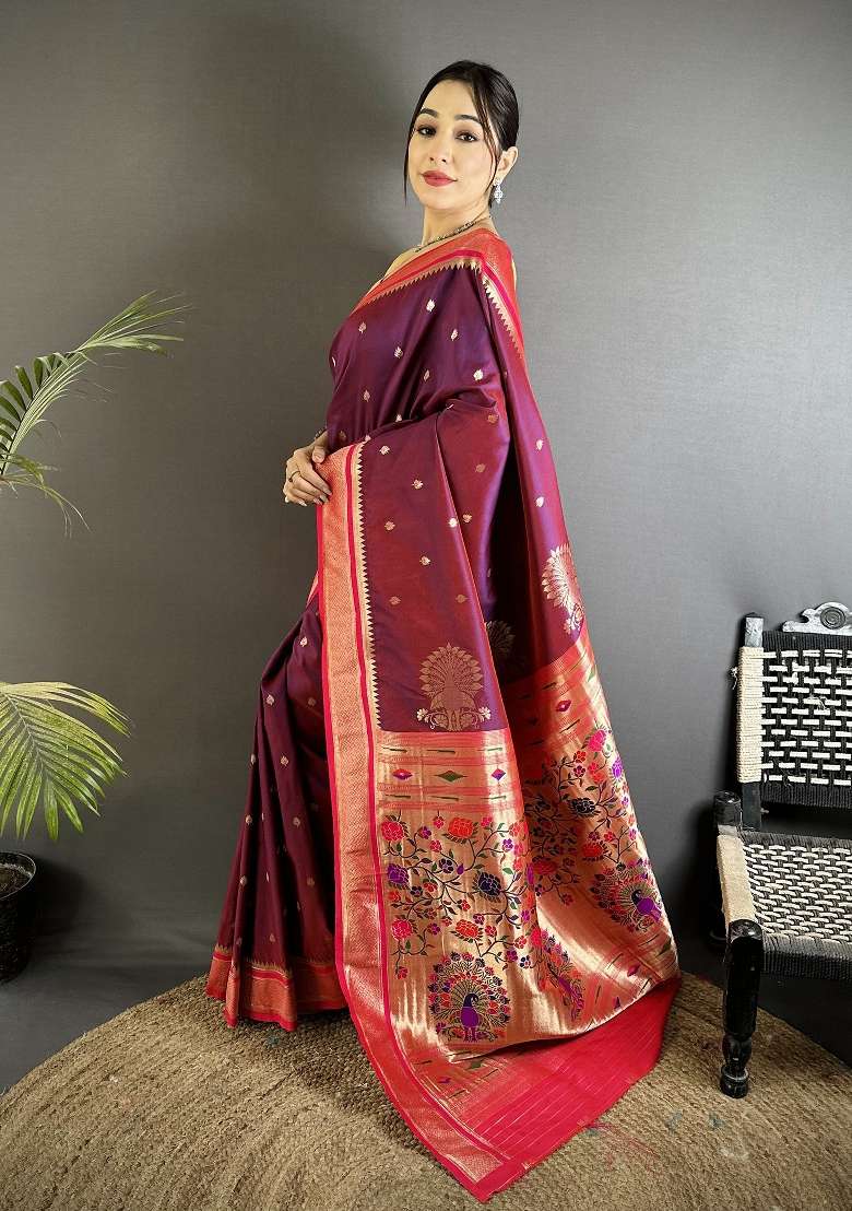 Wine Floral Print Silk Blend Saree Set for Diwali and Festive Wear - Indya